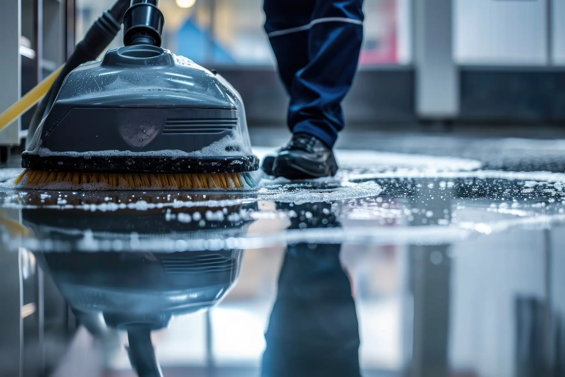 man scrubbing floor with rental equipment