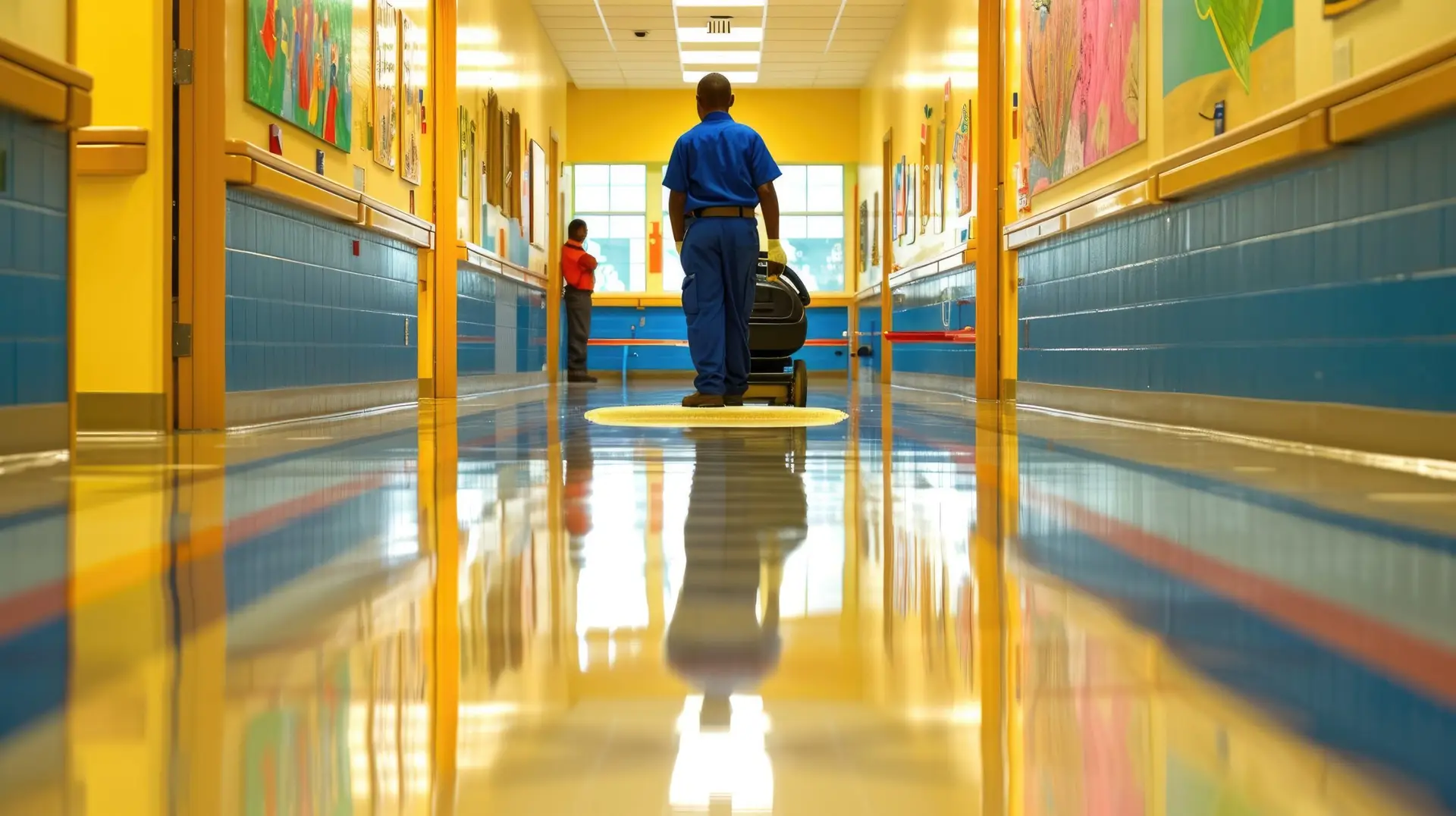 janitor cleaning school hallway floor