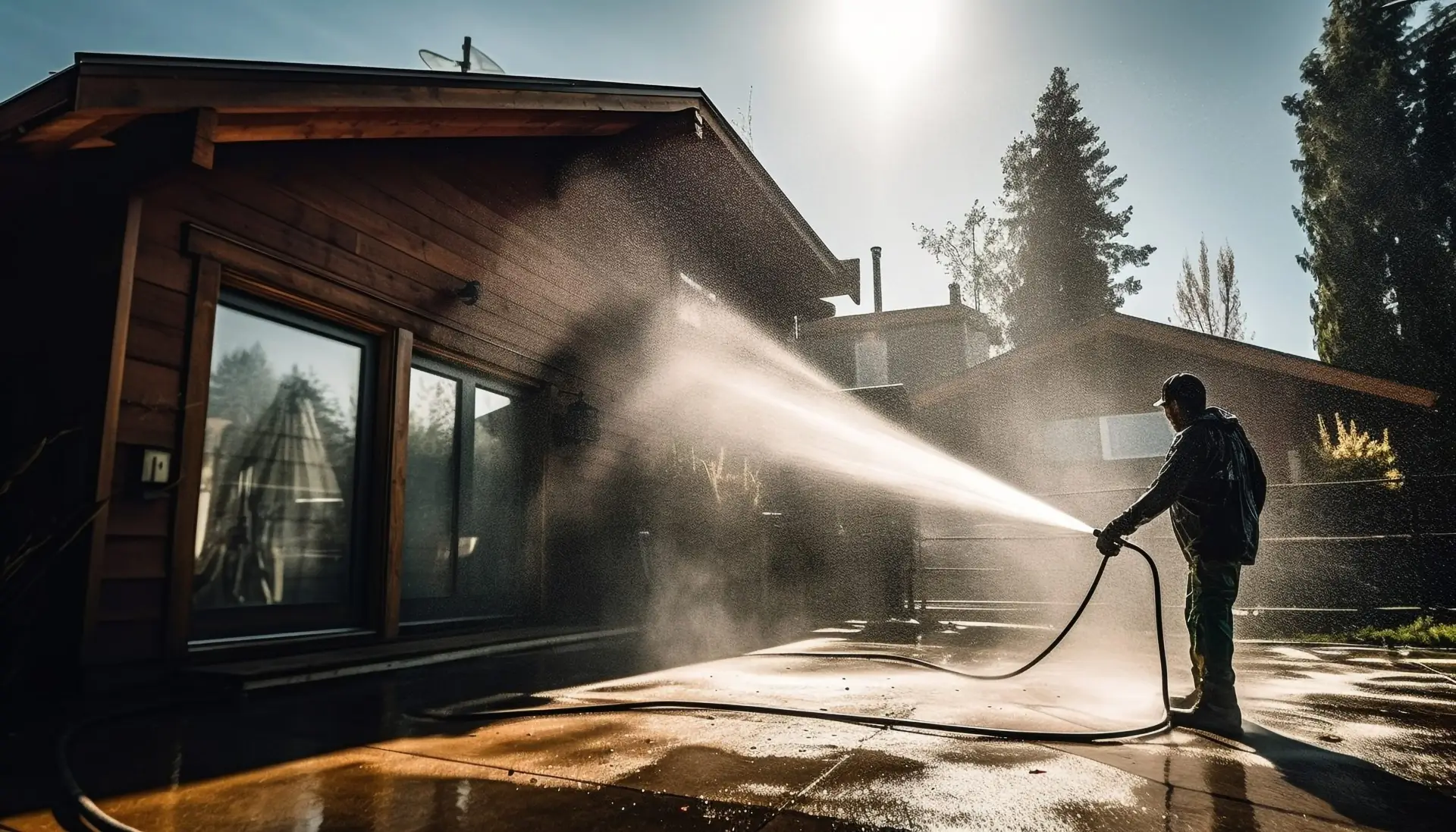 man using pressure washer rental on home