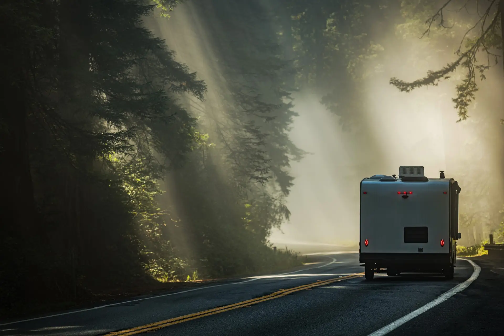 rv driving down country road