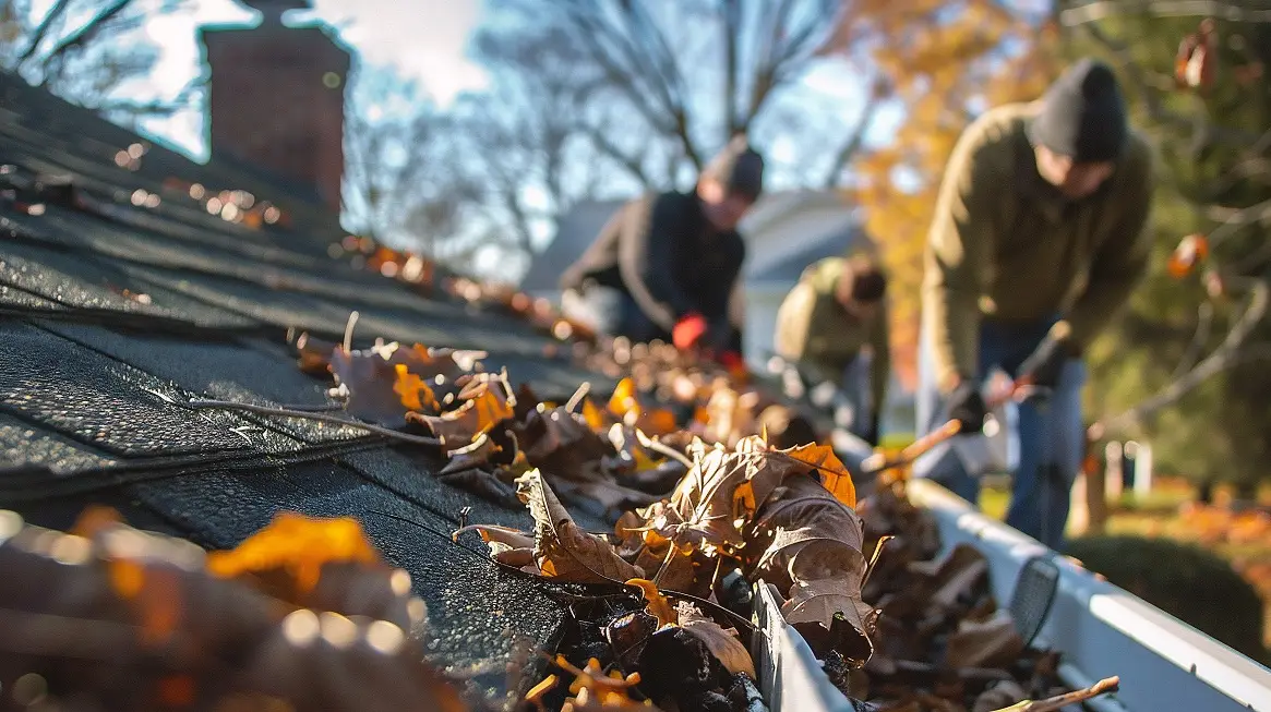 men cleaning leaves out of gutter